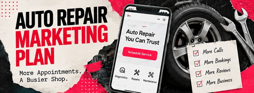 Editorial cover: torn paper collage reading Auto Repair Marketing Plan, with a phone showing a repair shop page, a car wheel, wrenches and a handwritten checklist