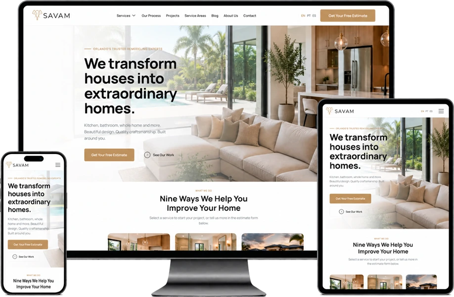 A small business website shown on a desktop, a tablet and a phone