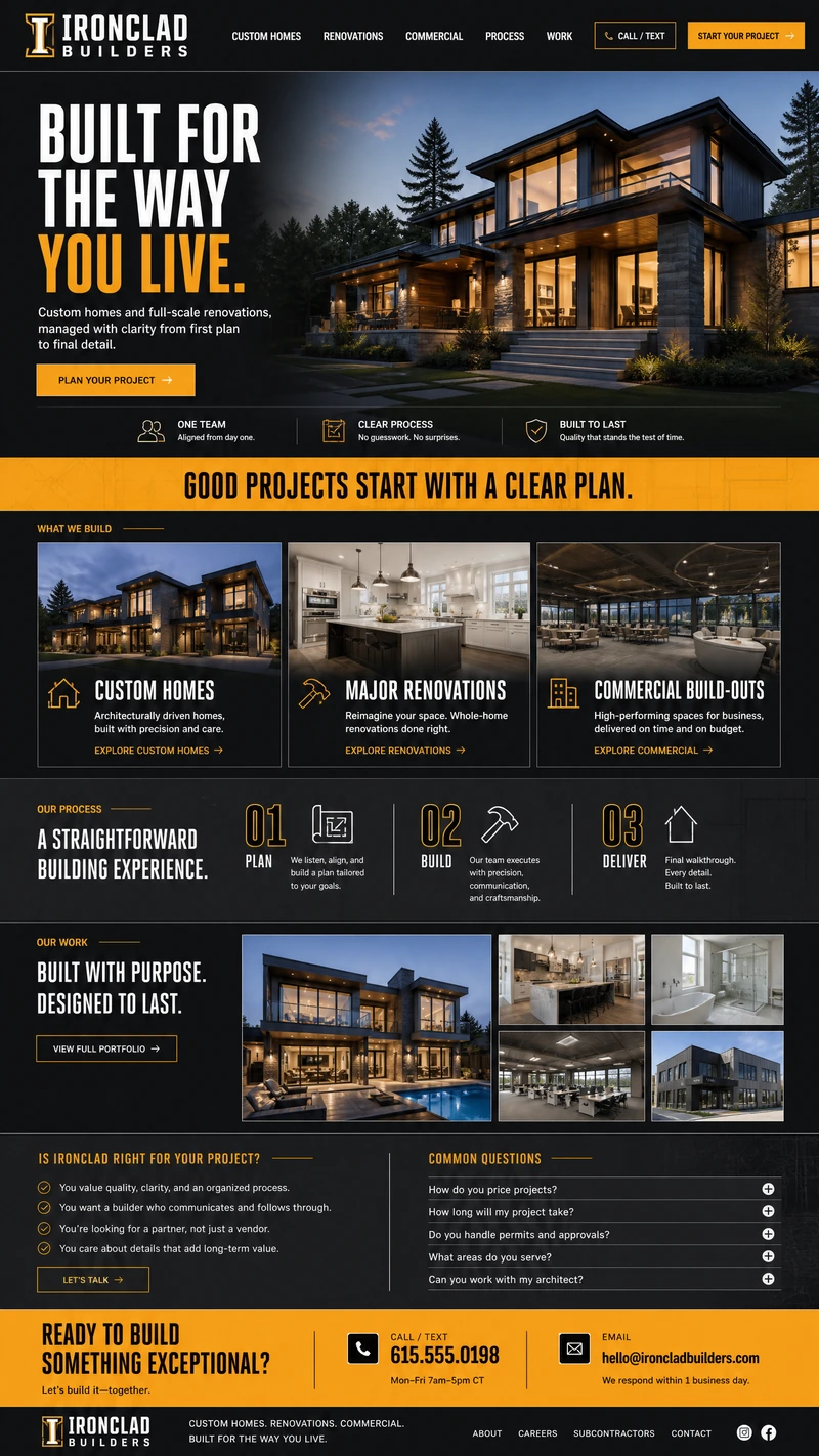General contracting website design example in the Bold direction