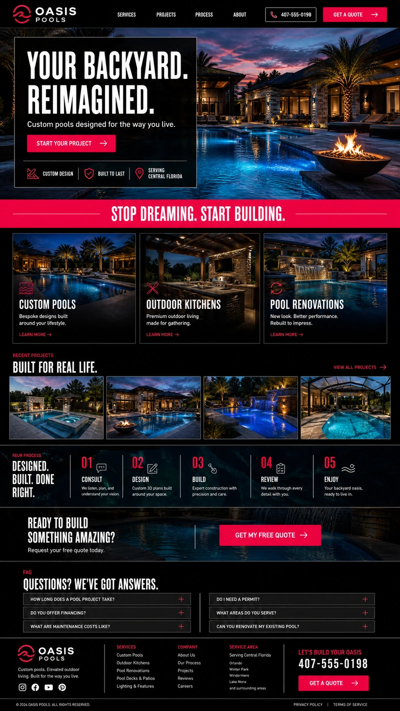 Pools website design example in the Bold direction