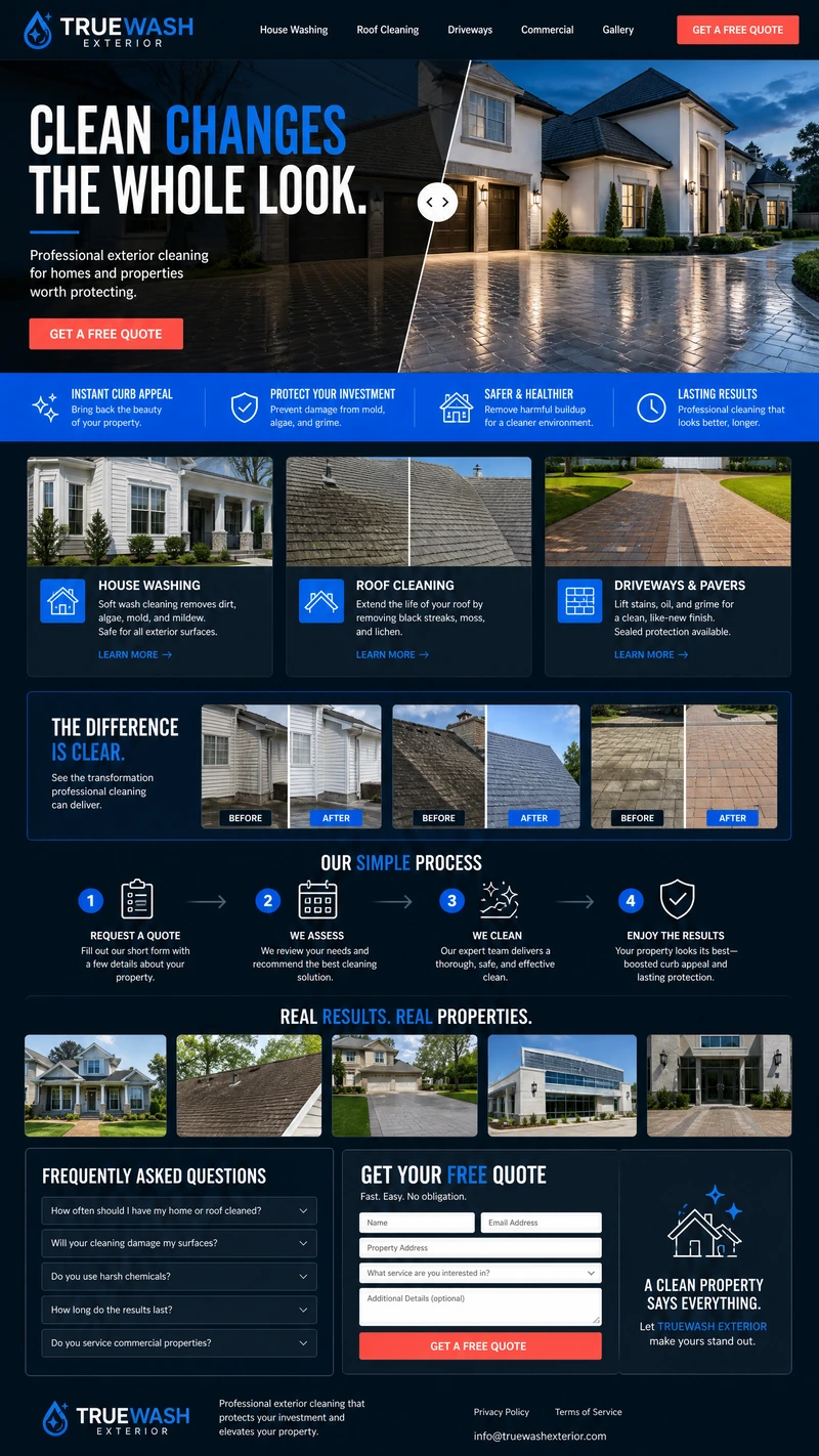Pressure washing website design example in the Bold direction