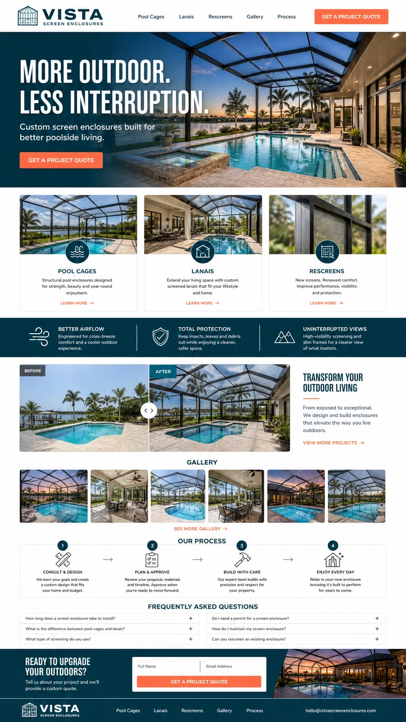 Screen enclosures website design example in the Modern direction