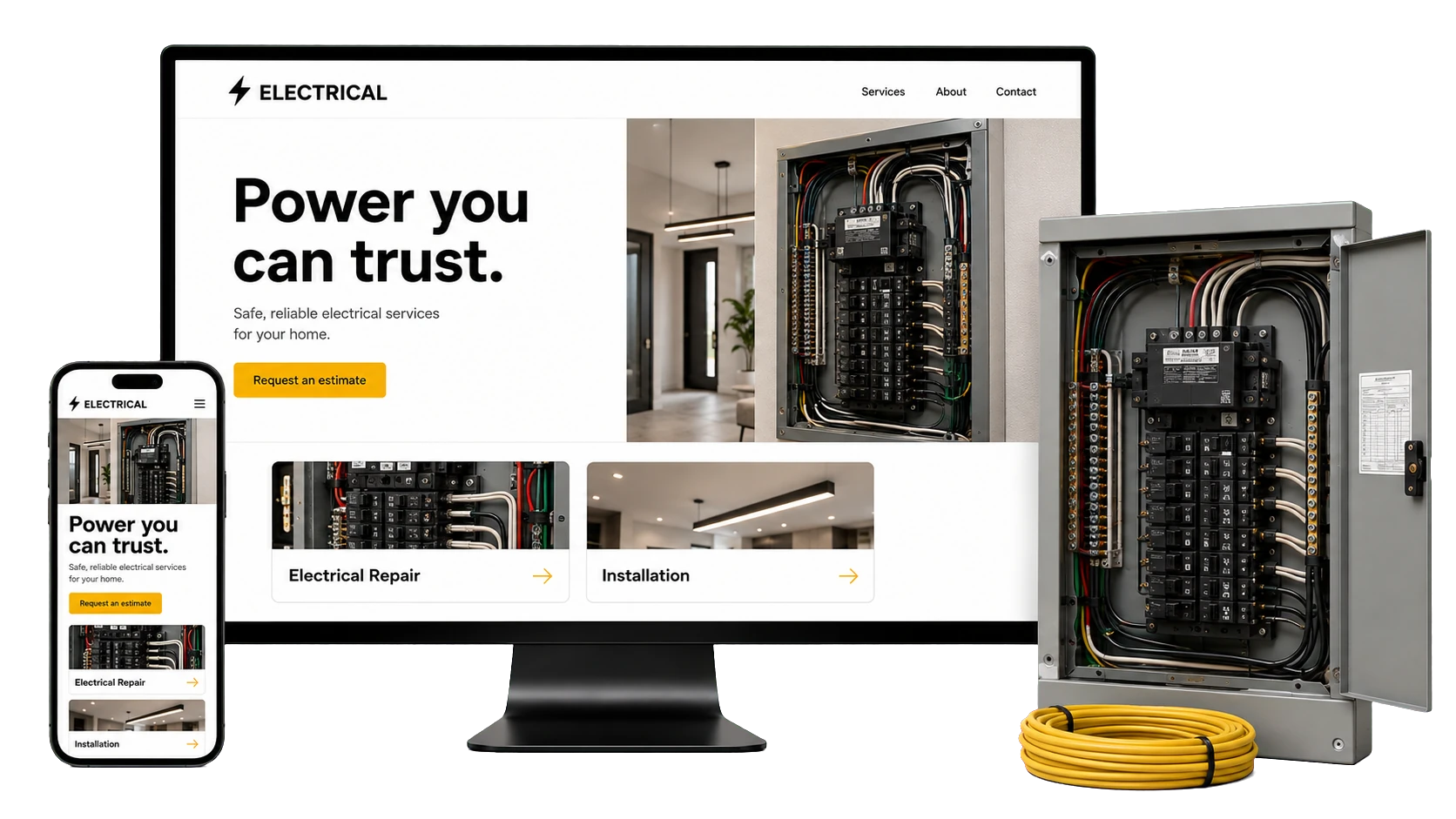 Electrician website design concept shown on a desktop screen and a phone, with residential and commercial routes