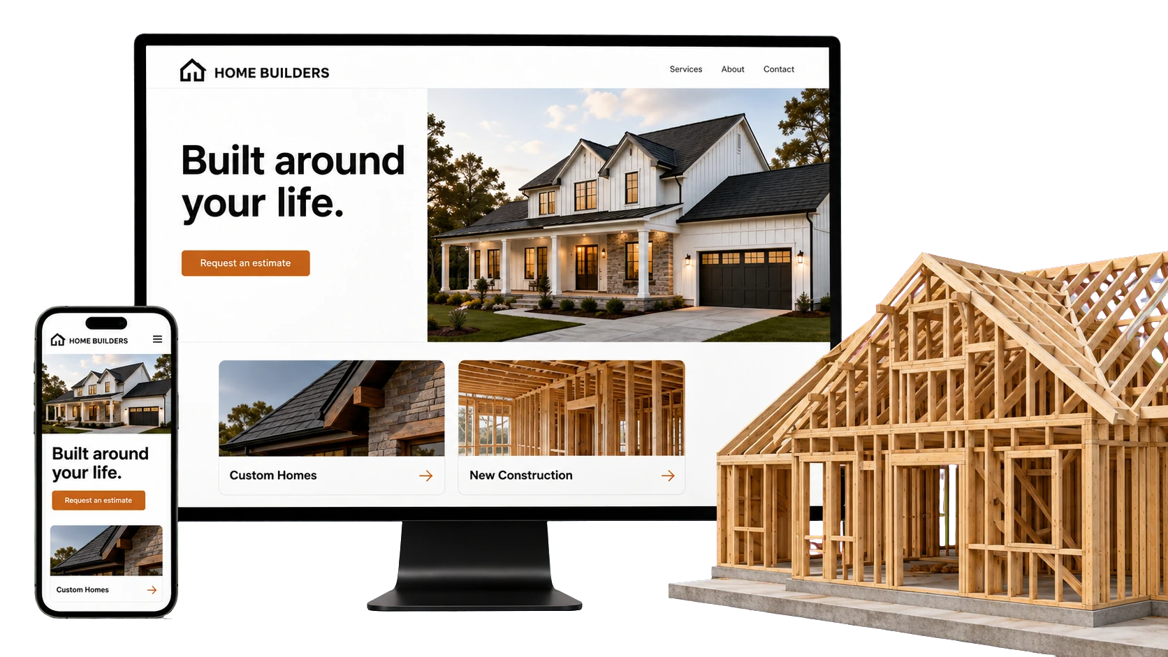 Home builder website design concept shown on a desktop screen and a phone, with completed homes and floor plans