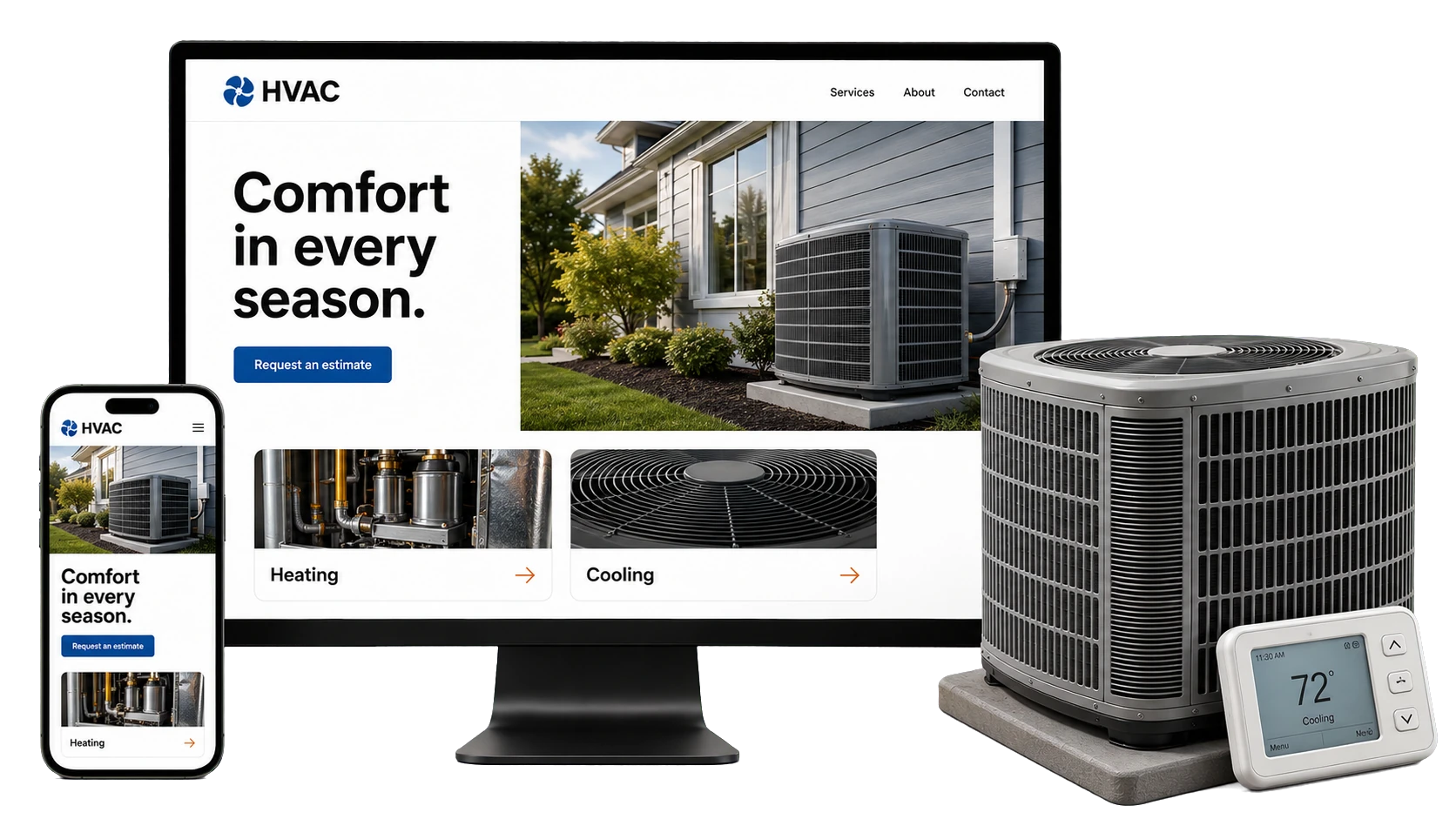 HVAC website design concept shown on a desktop screen and a phone, with heating and cooling laid out separately