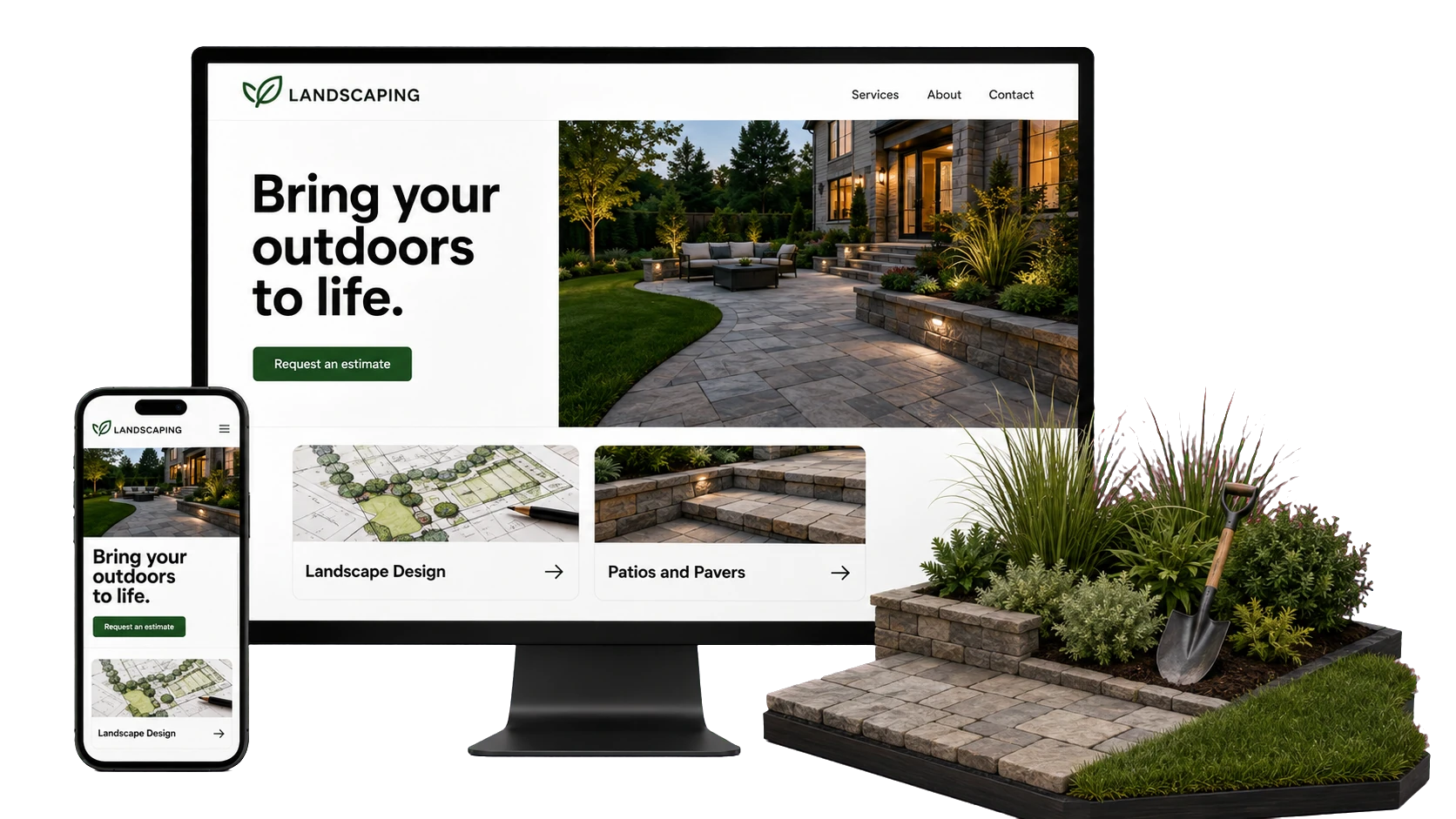Landscaping website design concept shown on a desktop screen and a phone, with design-build and maintenance separated