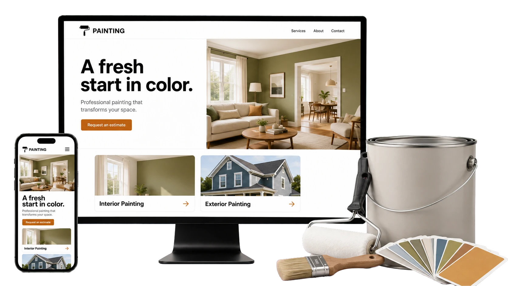 Painting company website design concept shown on a desktop screen and a phone, with interior and exterior routes