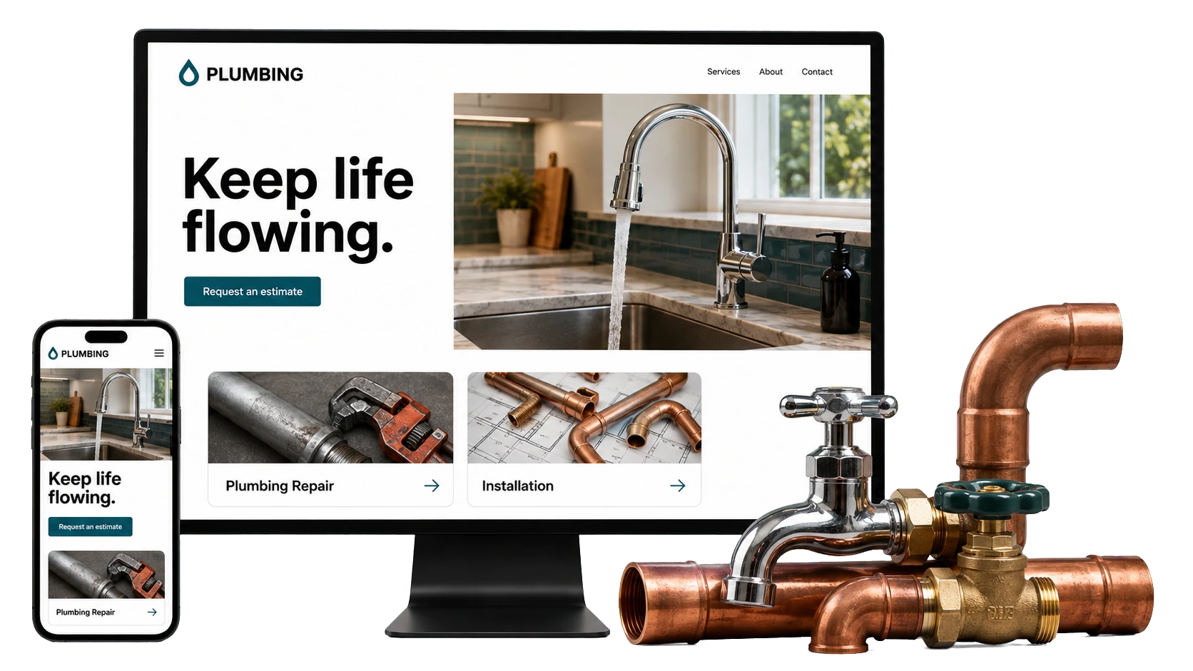 Plumbing website design concept shown on a desktop screen and a phone, with the phone number in the header