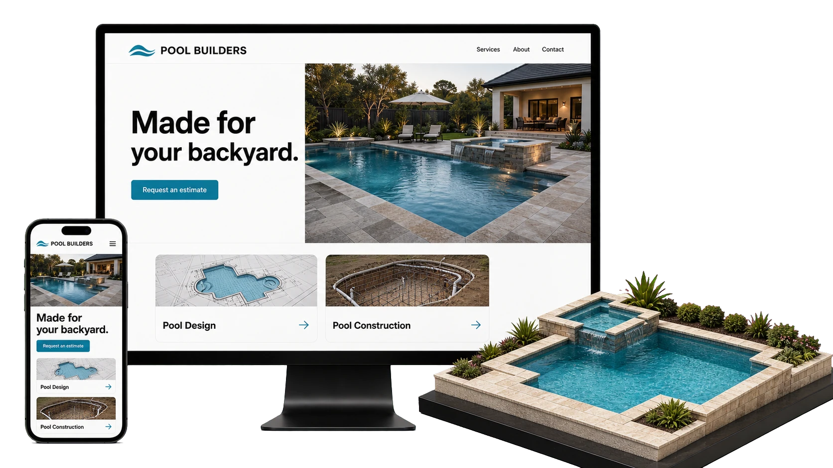 Pool builder website design concept shown on a desktop screen and a phone, led by a full-width project image