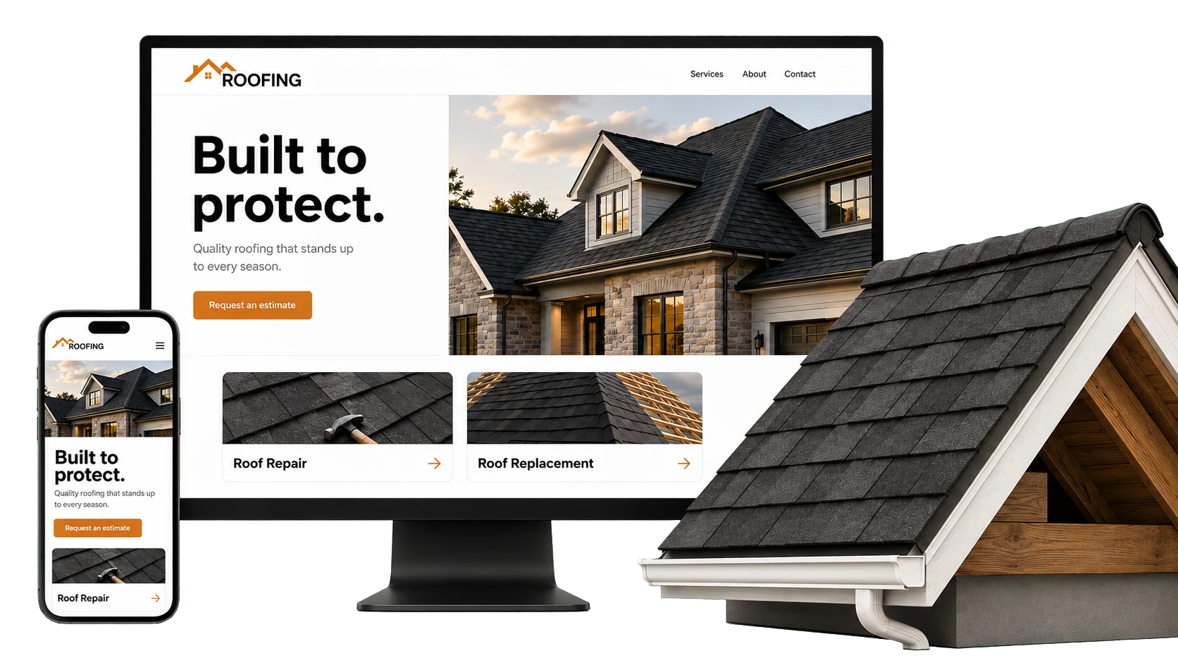 Roofing website design concept shown on a desktop screen and a phone, with a repair and replacement layout