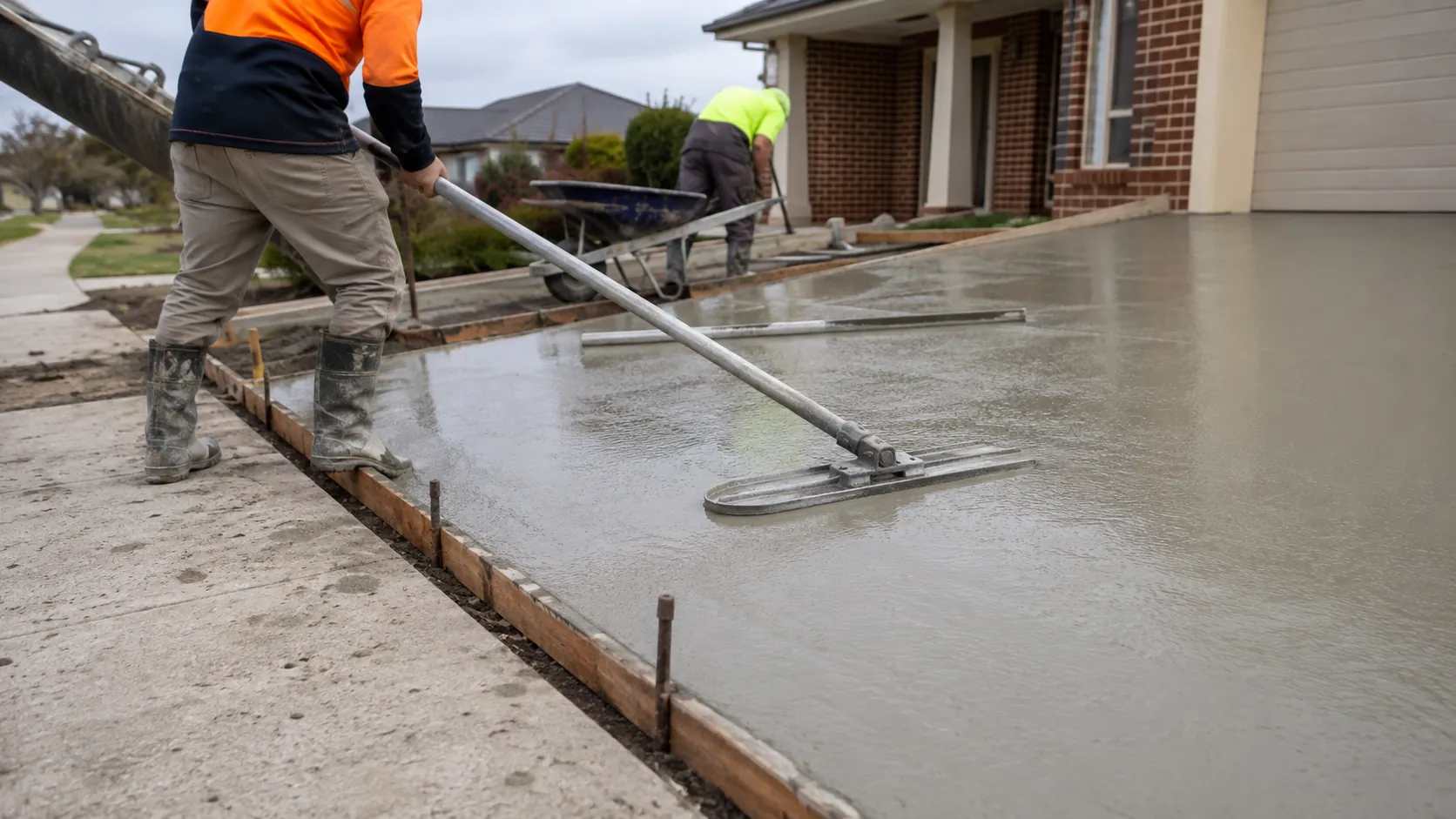 Crew finishing a freshly poured concrete driveway with a bull float, forms still in place