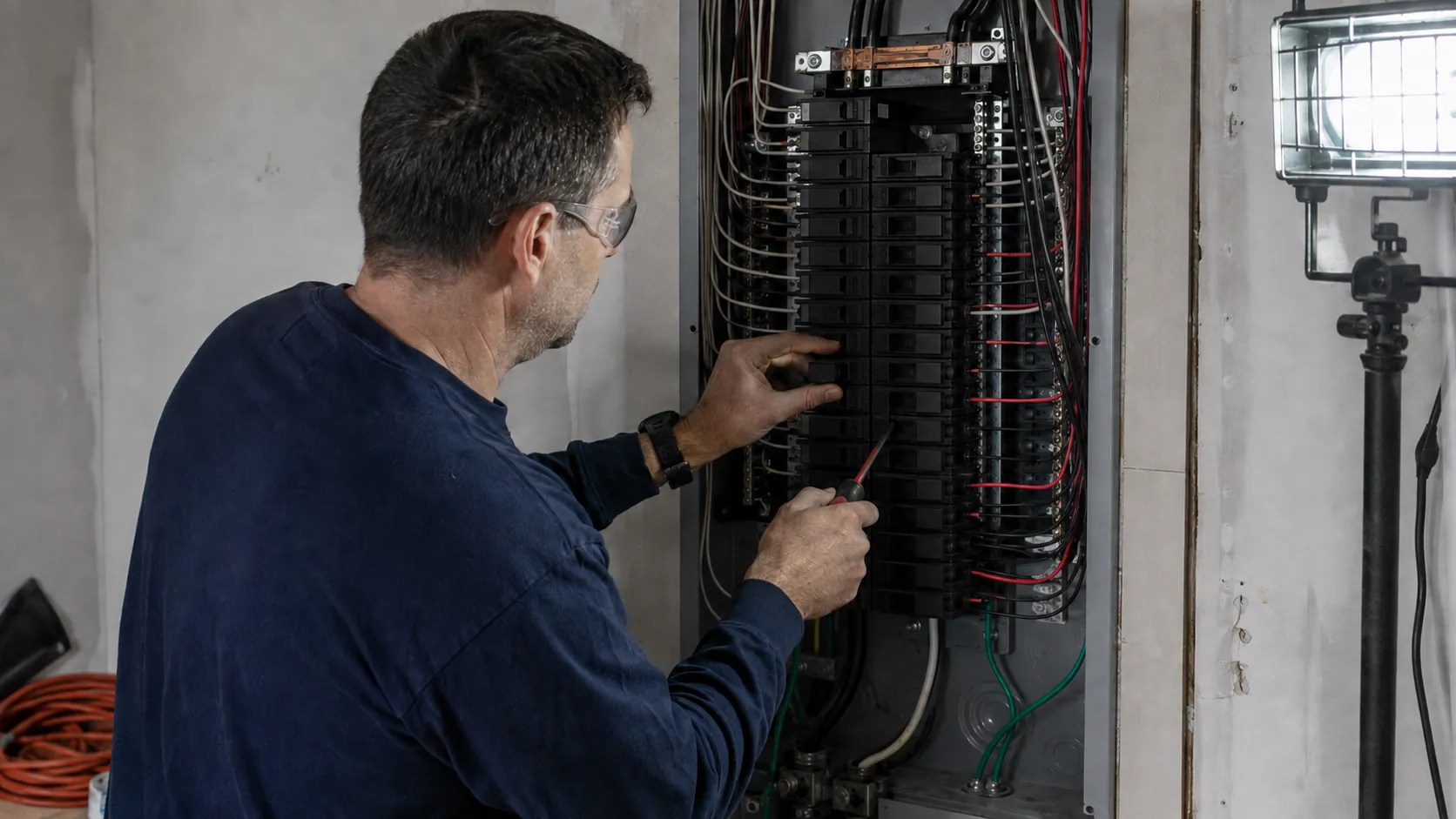Electrician working inside an opened residential electrical panel with wiring visible, photographed from the side