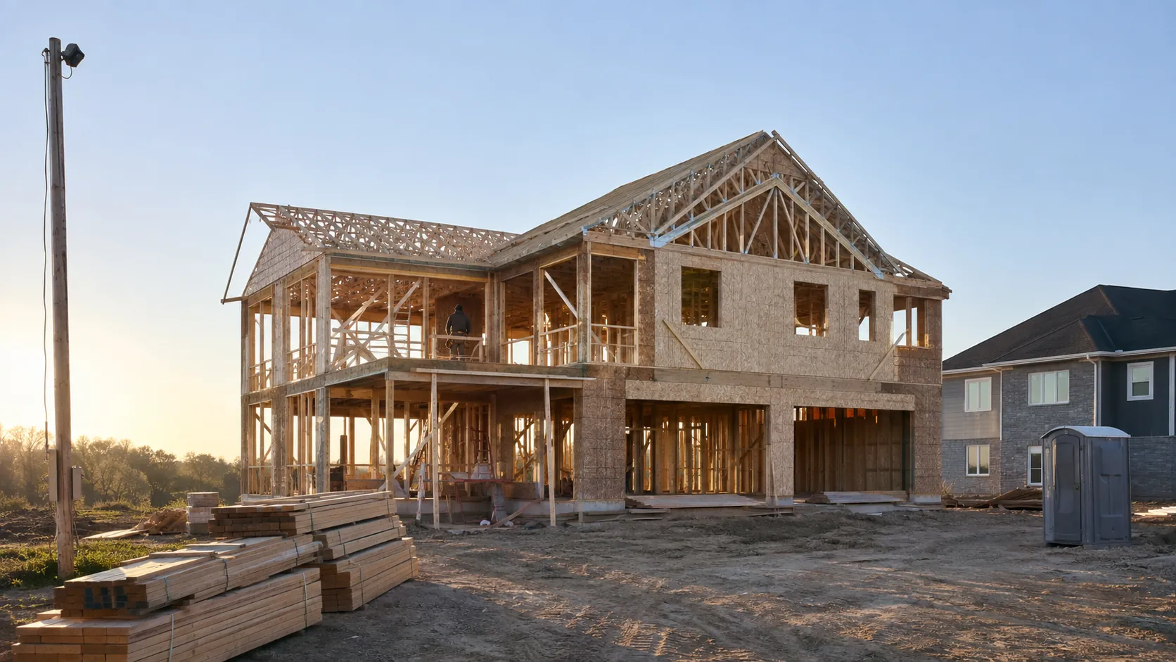 Custom home under construction with framing complete and roof trusses set, photographed from the street in morning light