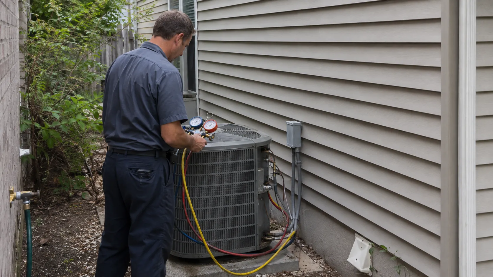 HVAC technician servicing an outdoor condenser unit beside a house, gauges connected, shot from a few steps back