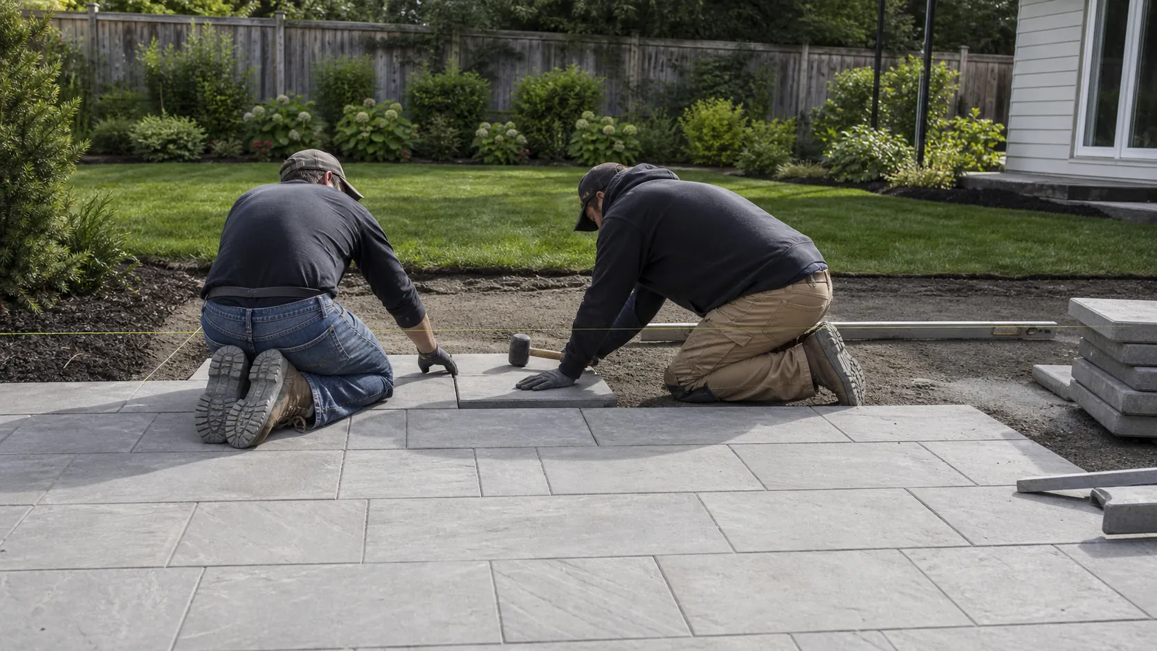 Crew setting paver stones on a new patio with planting beds and lawn behind, photographed across the finished section