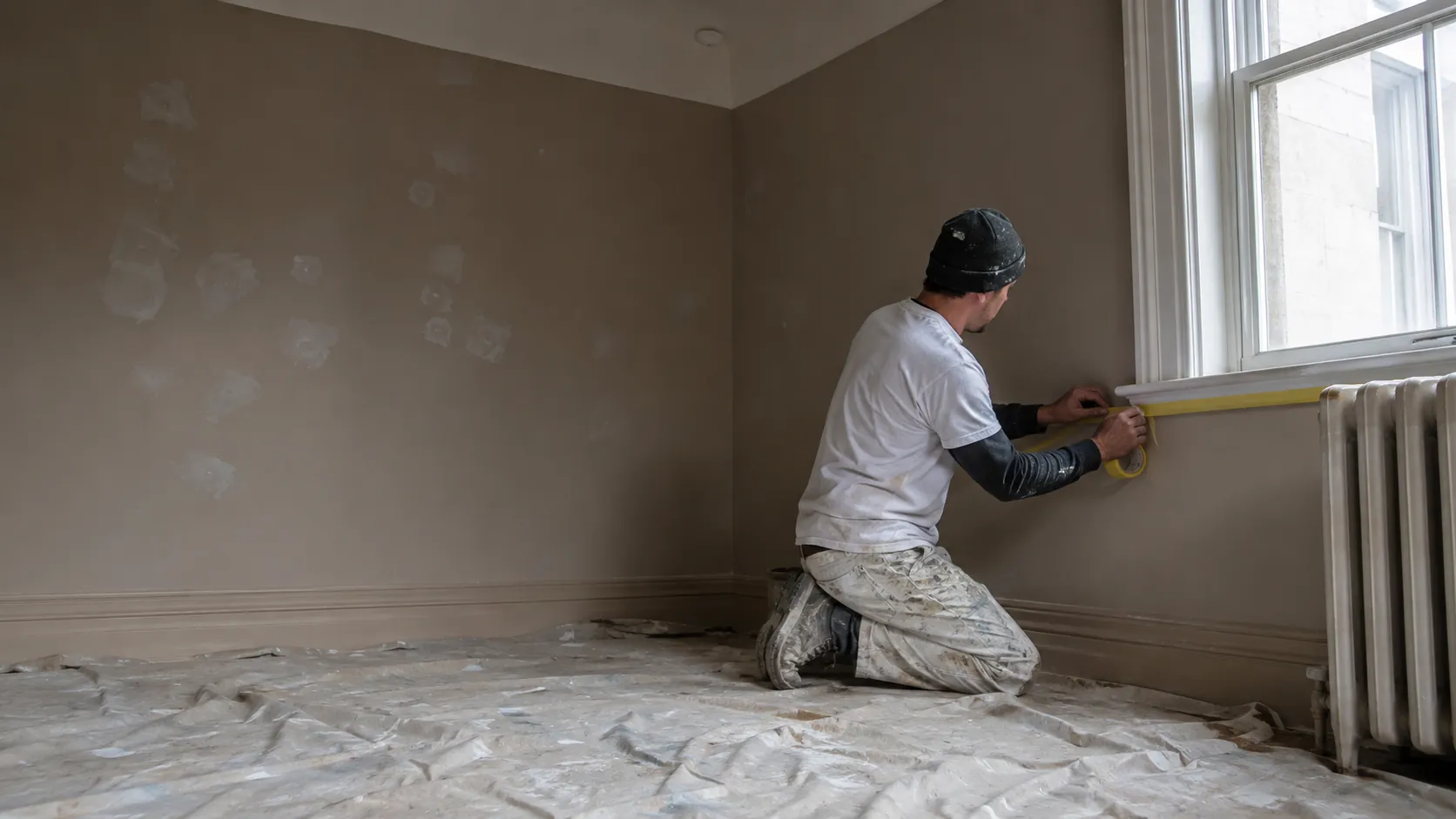 Painter masking trim and preparing walls in an empty room with drop cloths down, before any colour goes on
