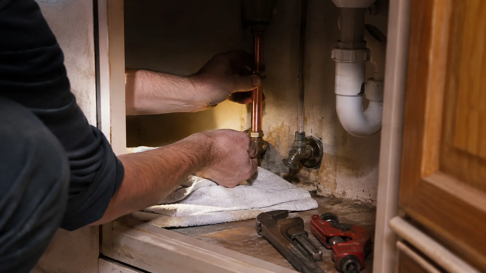 Plumber fitting copper pipe under a kitchen sink, hands and tools in frame, working in a real home