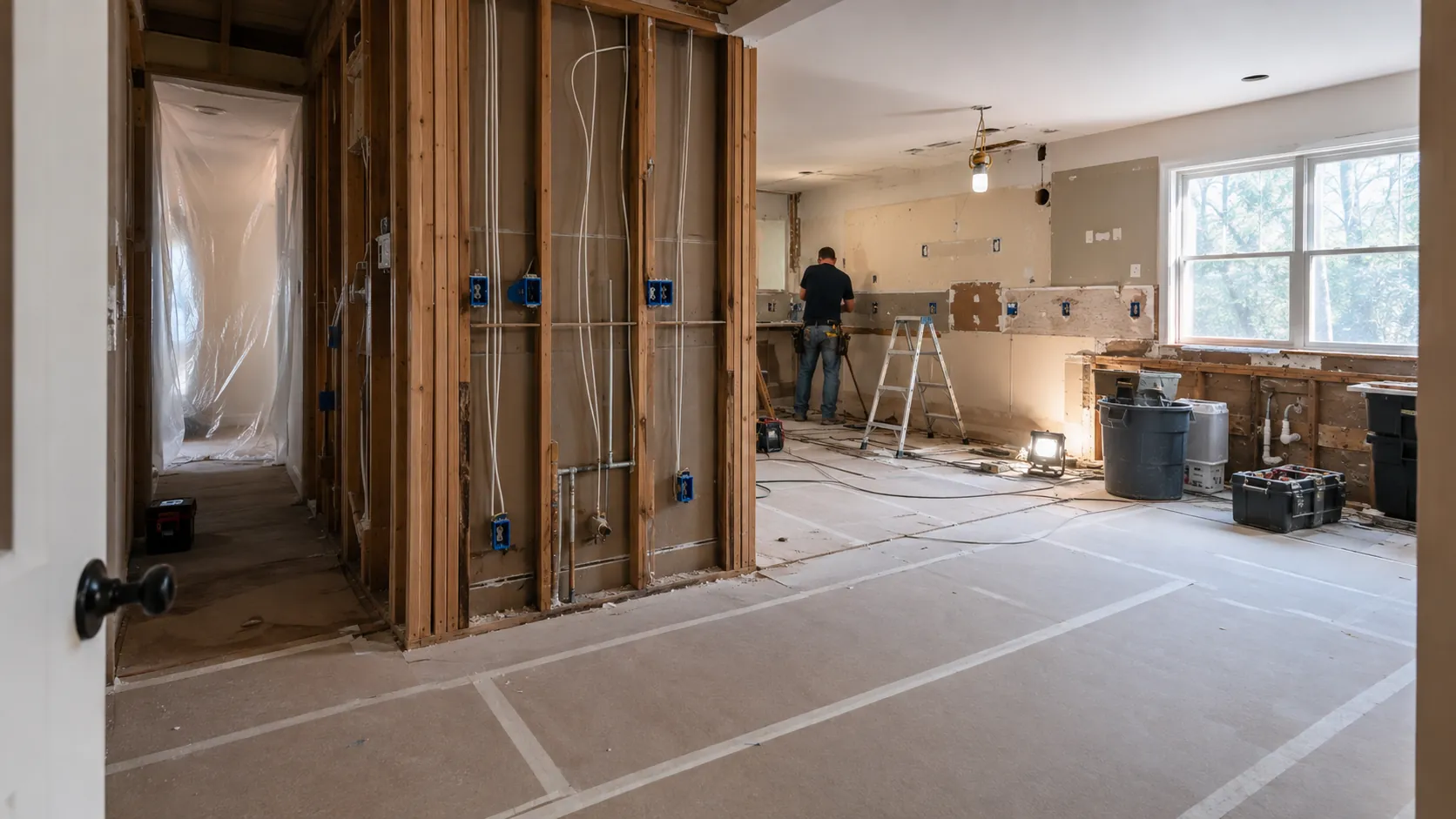 Kitchen remodel in progress with cabinets removed and new framing exposed, dust protection covering the flooring