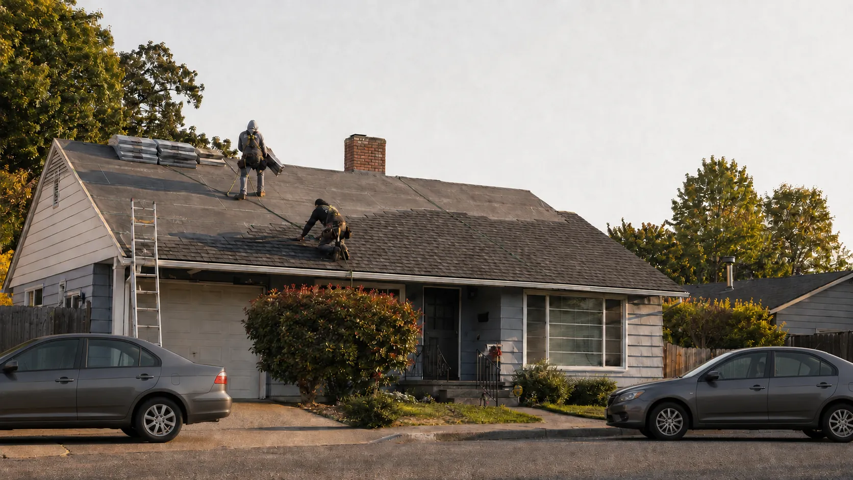 Roofing crew installing architectural shingles on a residential roof, seen from across the street in afternoon light